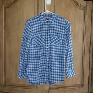 Talbots Womens Button Front Long Sleeve Flat Collar Plaid Blue Pink Small